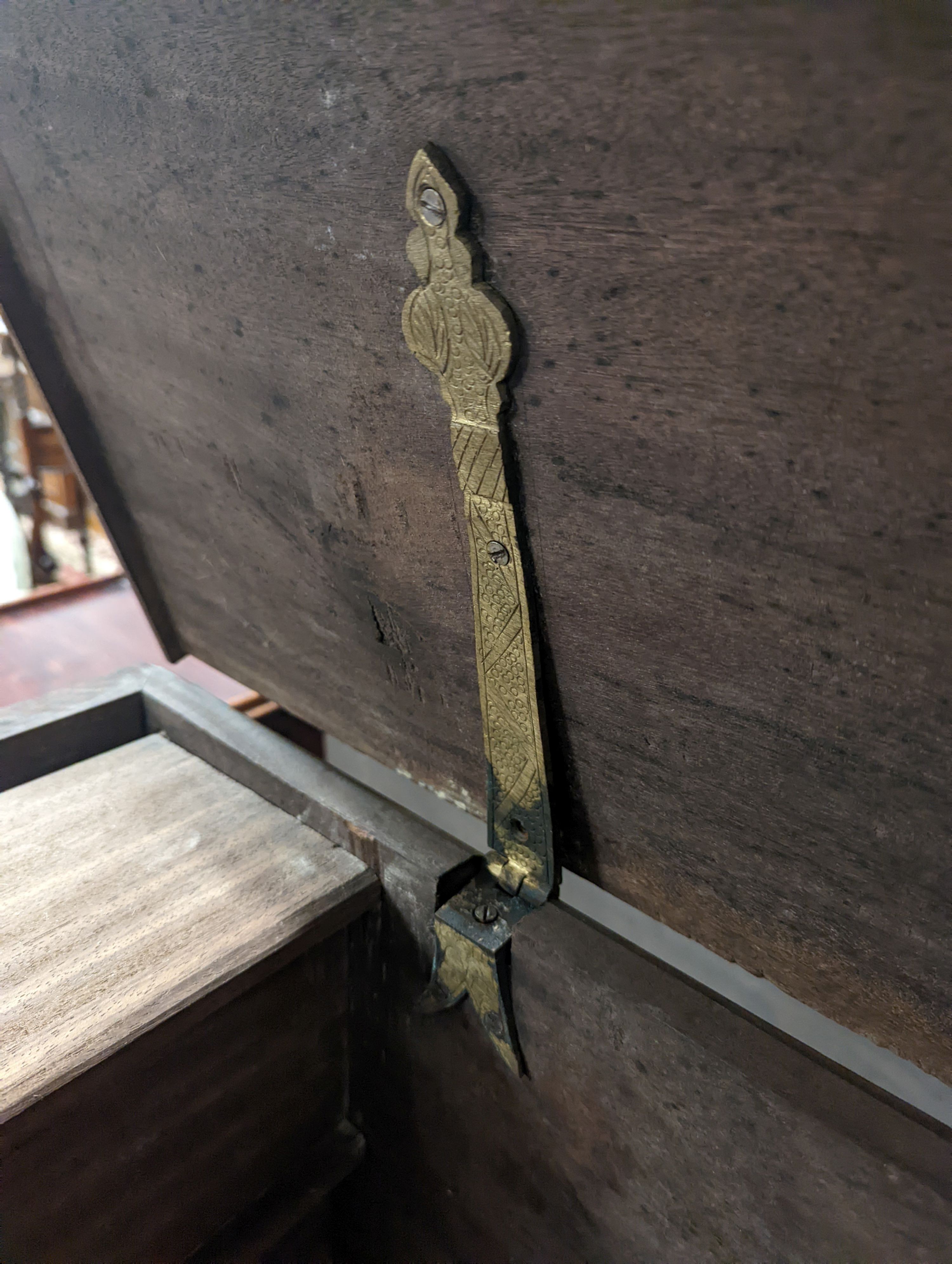 An Eastern brass mounted and studded hardwood trunk, length 113cm, depth 48cm, height 60cm